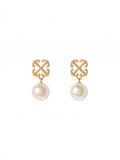 Off-White Pearl Arrow Earrings - Gold - Click Image to Close