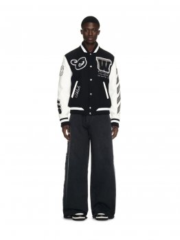Off-White Leather Wool Varsity Jacket - Black